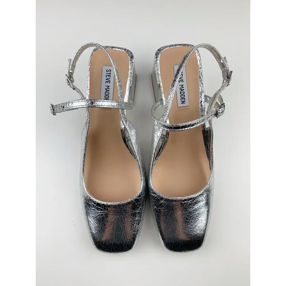 Steve Madden Emjay Block Heel Shoes Silver Slingback Pumps Women's 10 90s Y2K